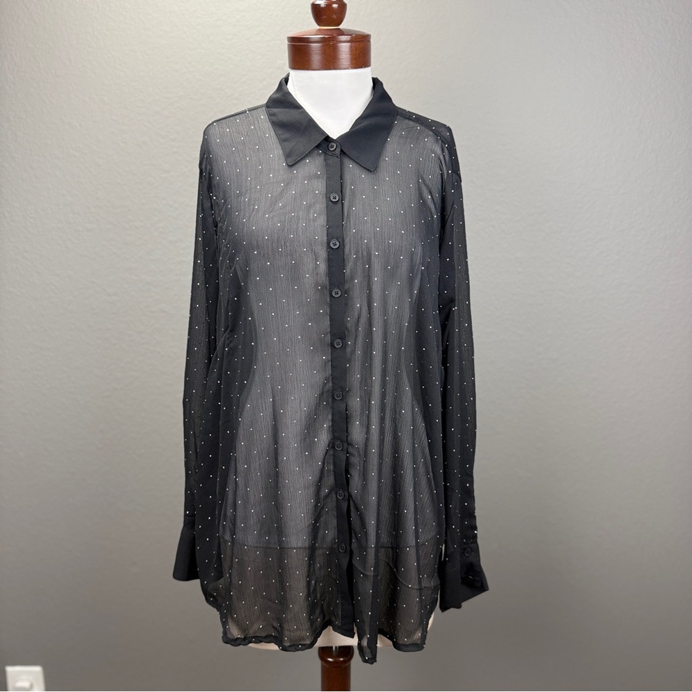 Torrid Black Rhinestone Chiffon Semi sheer LS Blouse Top Sz 2 (18/20) 2X